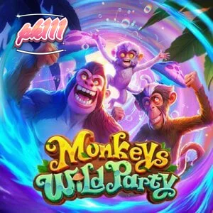 Isang makulay na eksena mula sa Monkeys Wild Party slot na nagpapakita ng mga simbolo ng unggoy at wild mushroom.