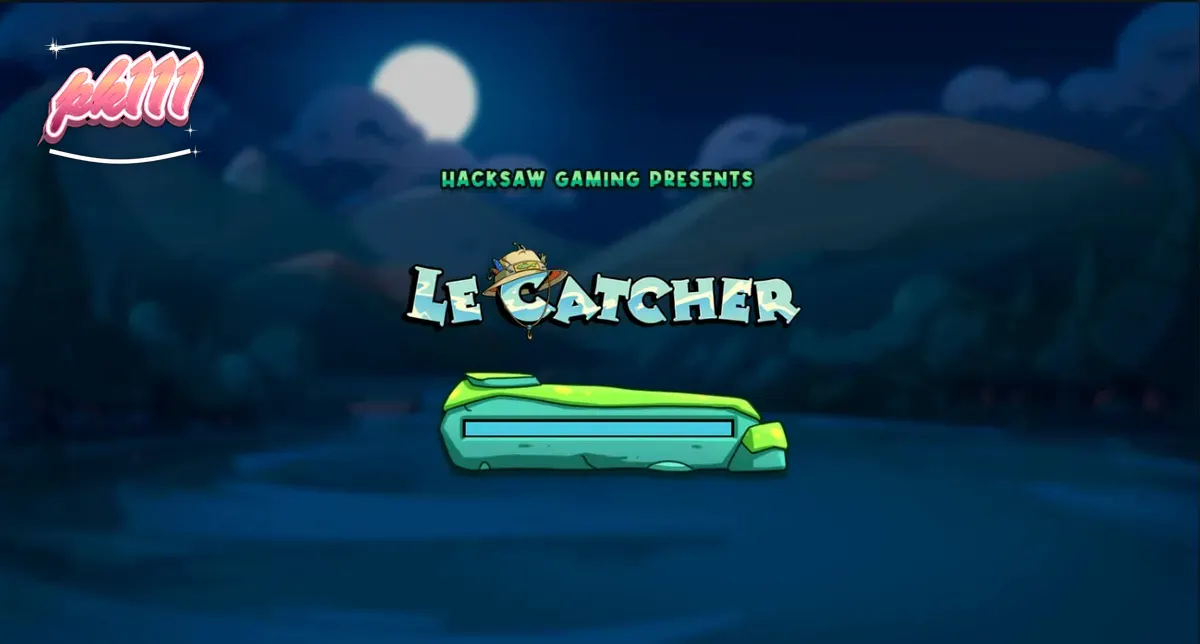 Isang masayang raccoon na nangingisda sa isang cartoon-style na fishing slot na Le Catcher.